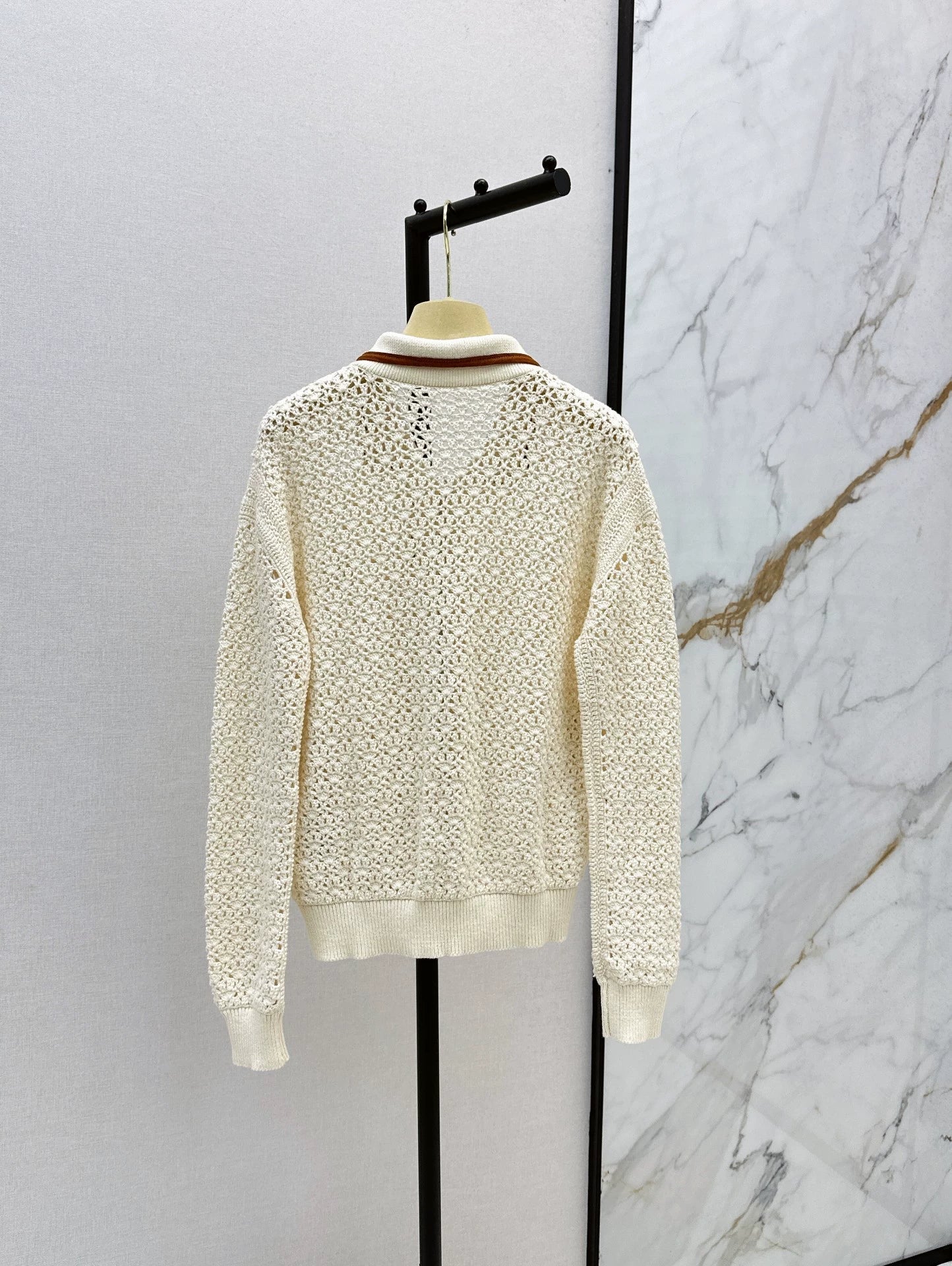 Lapel Openwork Zip-Up Knit Jacket