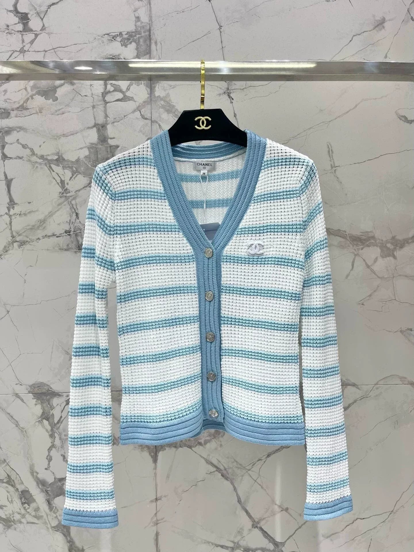 C 25 new hollow color matching striped knitted cardigan