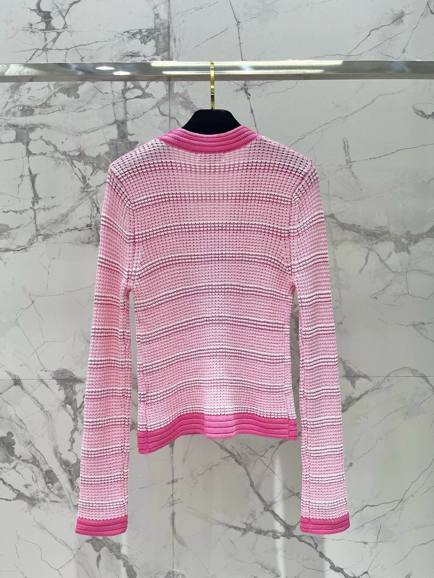 C 25 new hollow color matching striped knitted cardigan