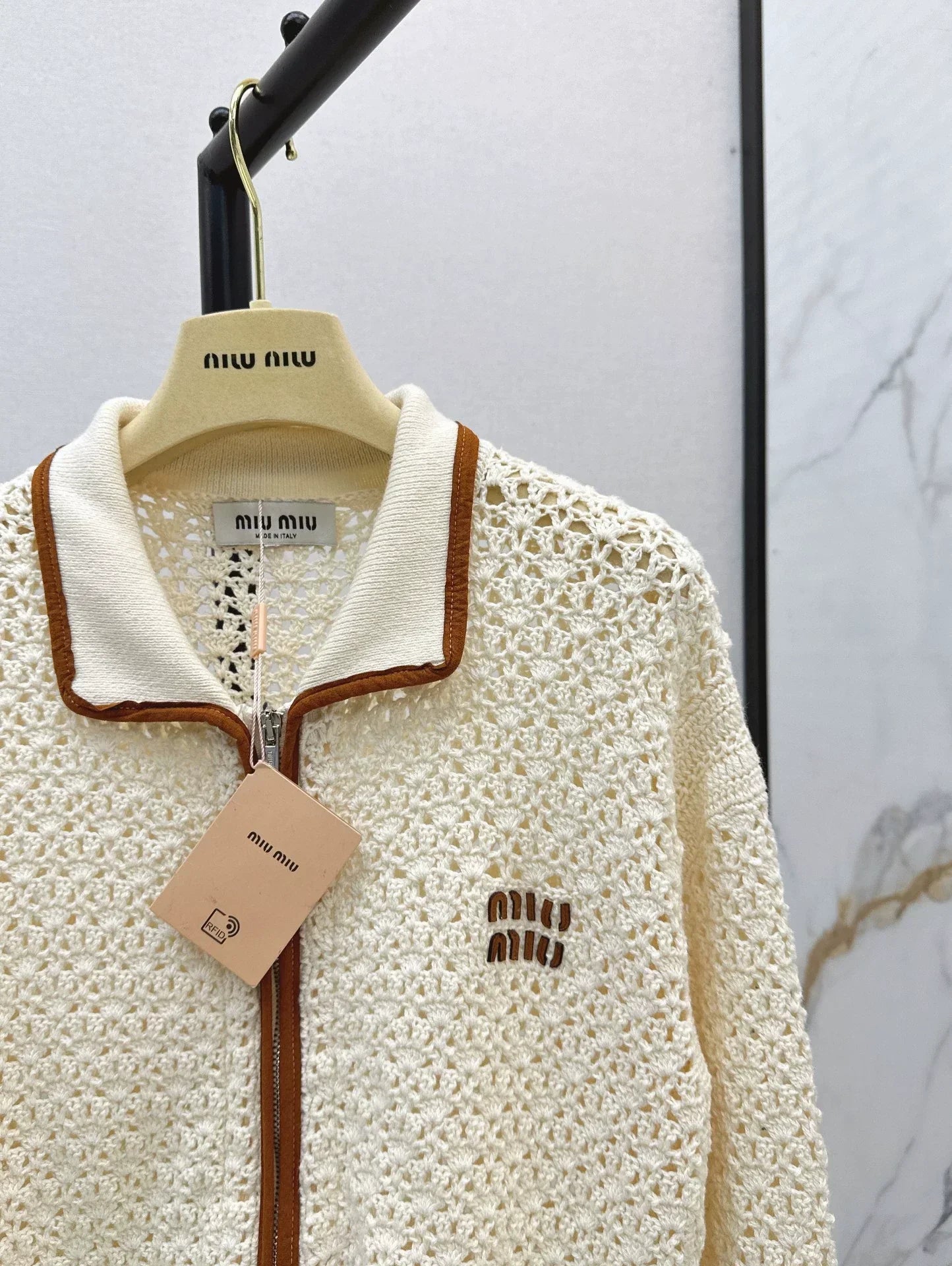 Lapel Openwork Zip-Up Knit Jacket