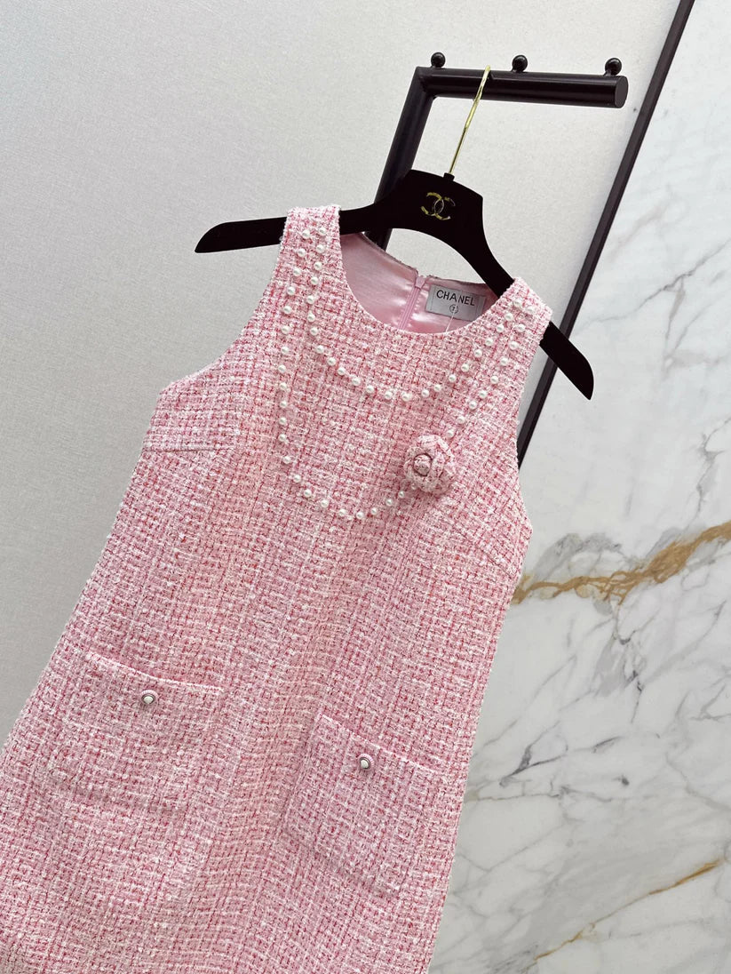 Linen Dress with Floral Necklace Detail on Chest