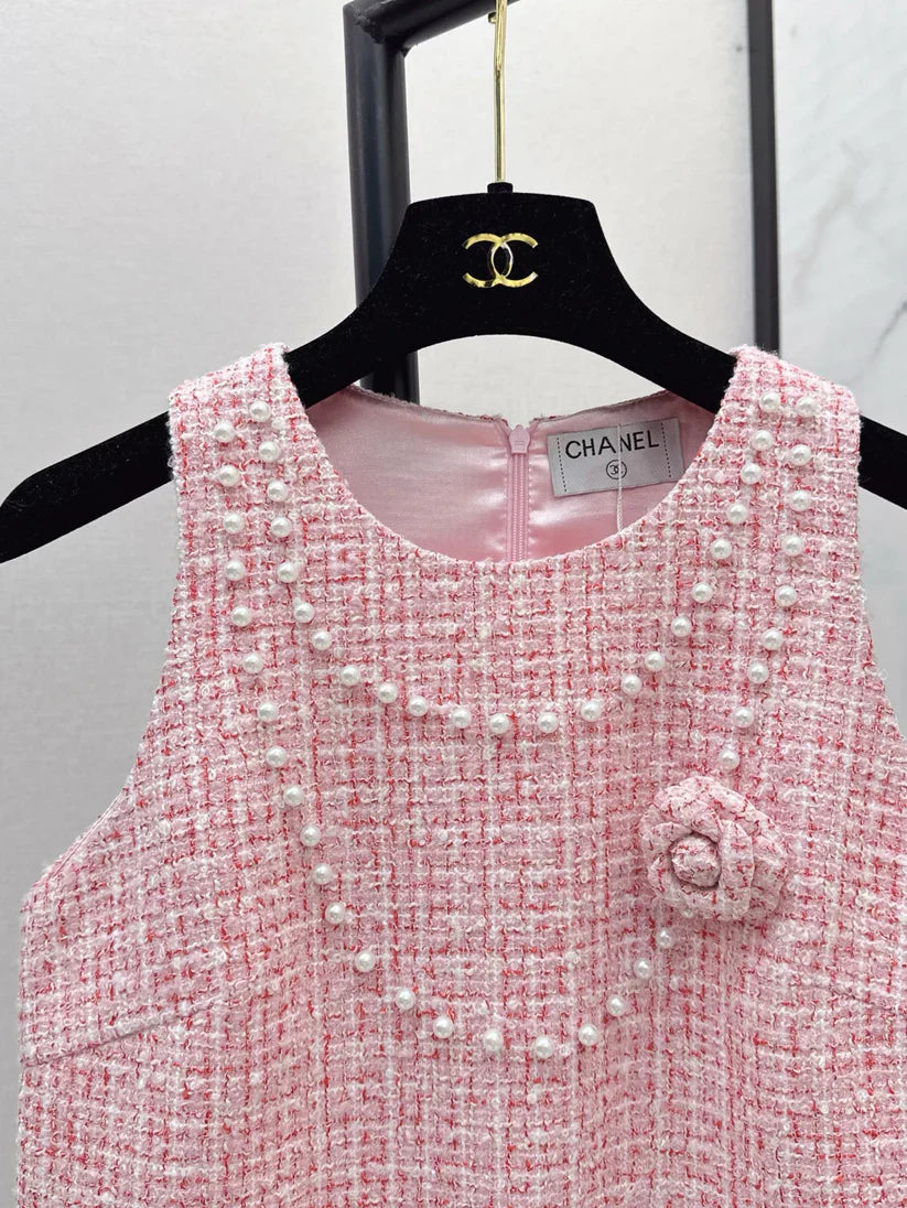 Linen Dress with Floral Necklace Detail on Chest