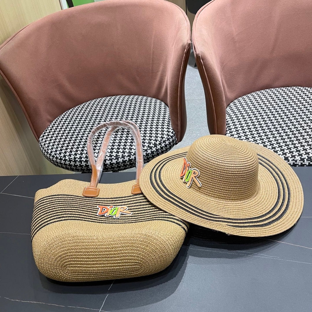 New straw hat and woven bag two-piece set