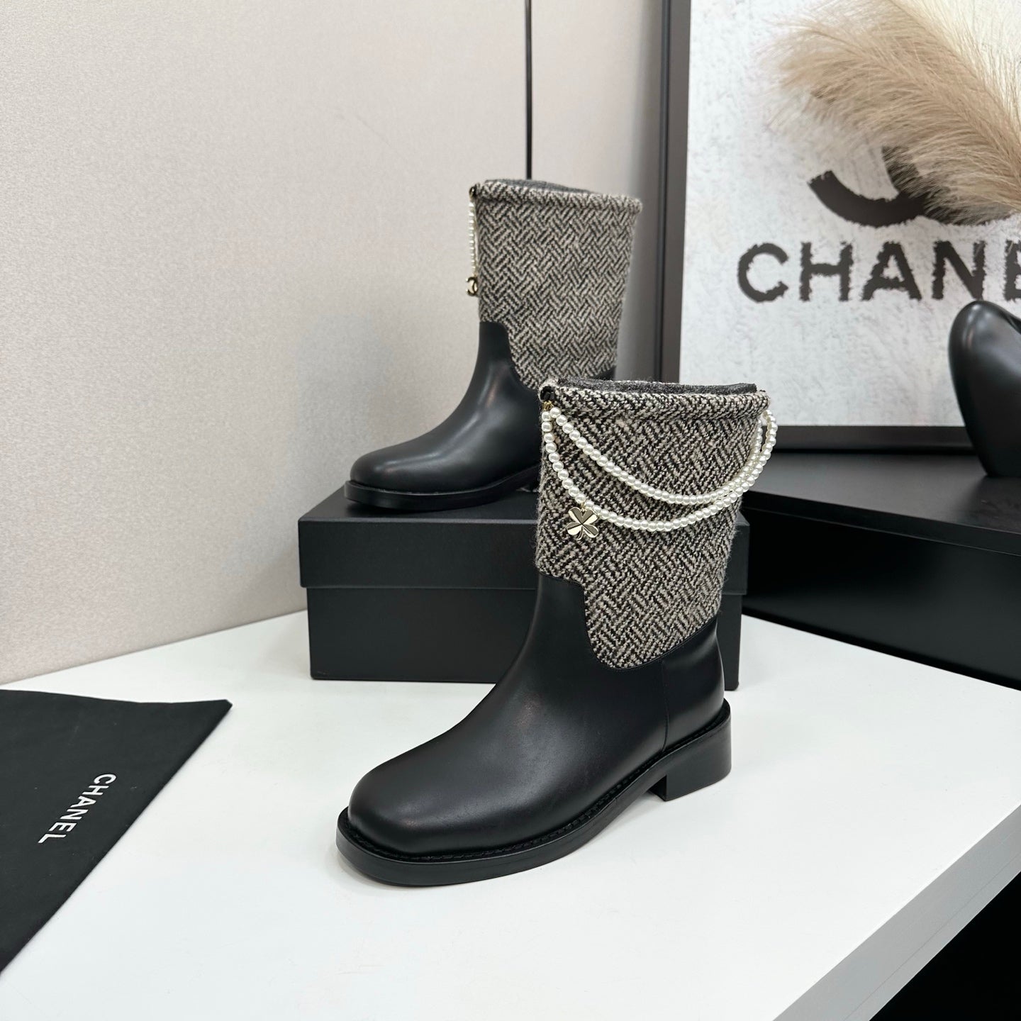 25 Pearl necklace decoration, thick soled short boots(GRAY/BLACK)