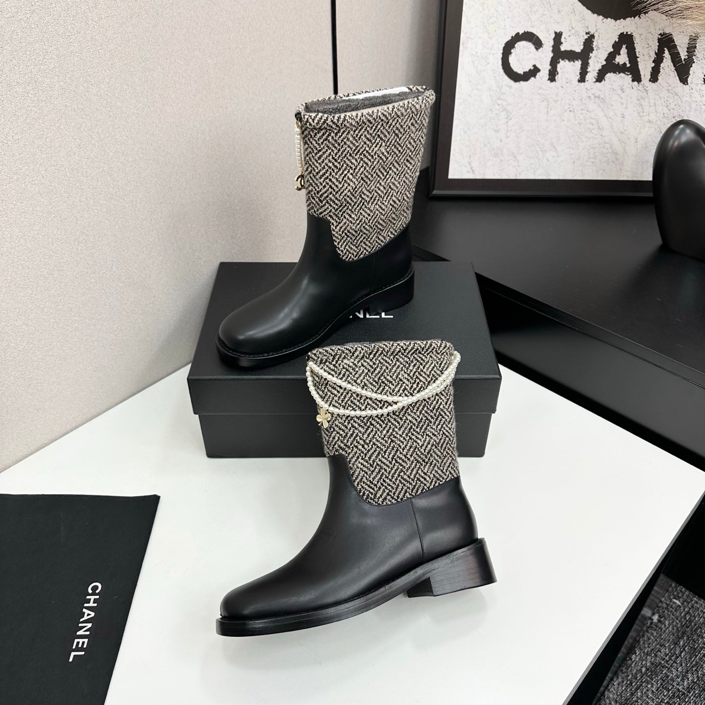 25 Pearl necklace decoration, thick soled short boots(GRAY/BLACK)