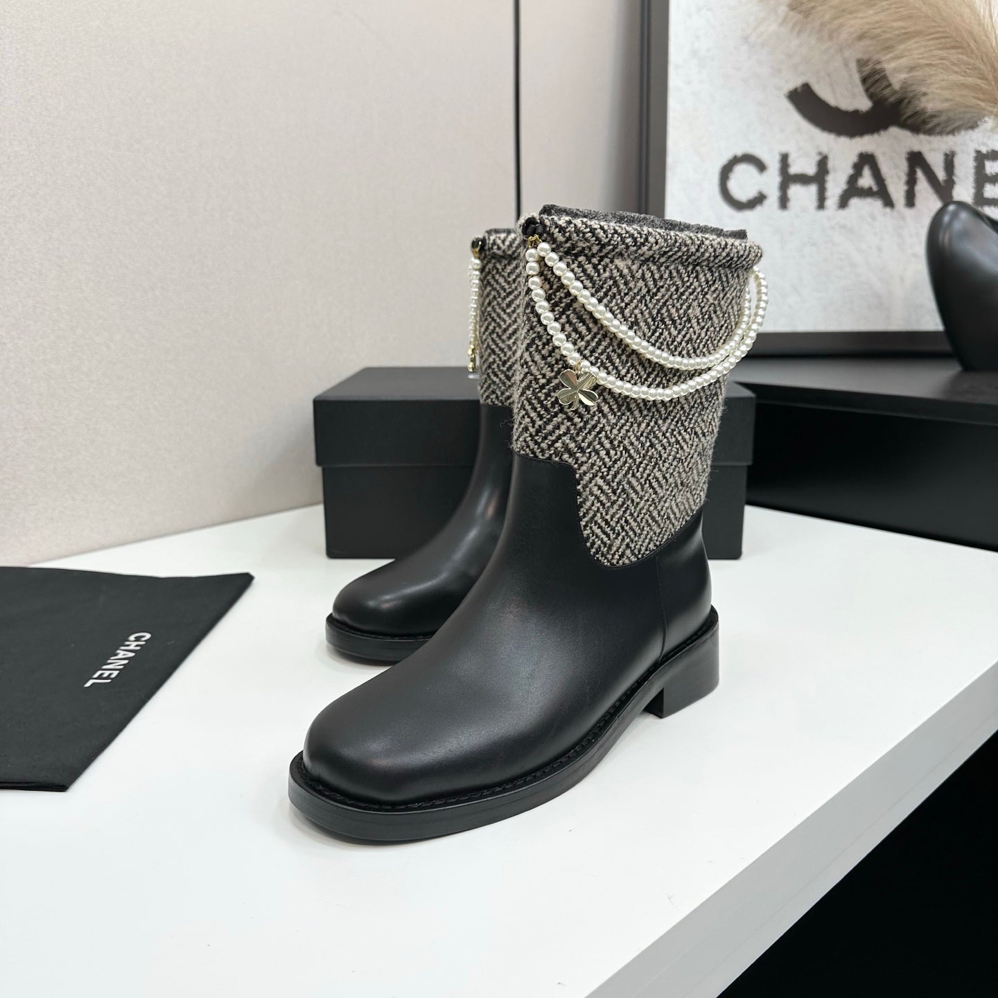 25 Pearl necklace decoration, thick soled short boots(GRAY/BLACK)