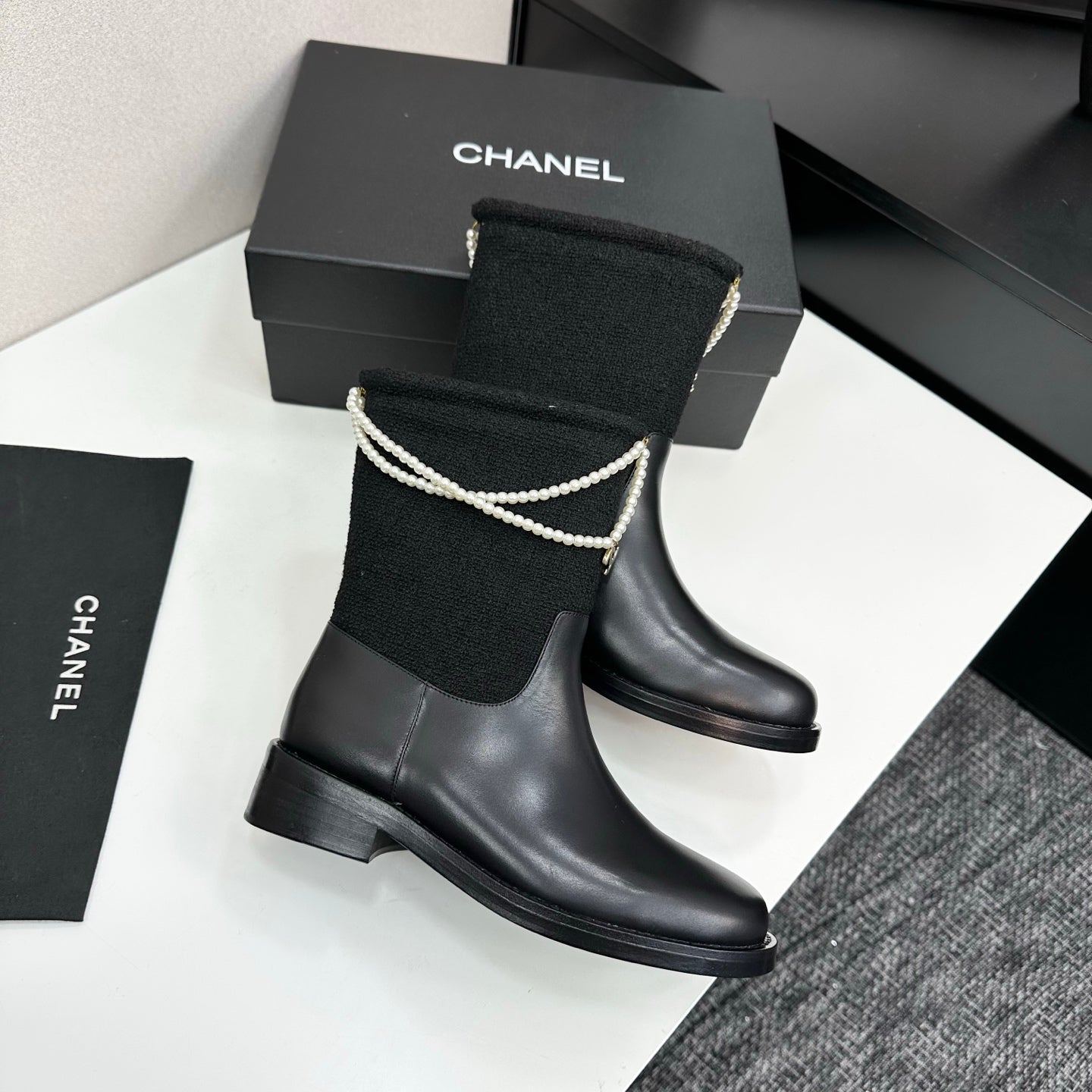 25 Pearl necklace decoration, thick soled short boots(GRAY/BLACK)