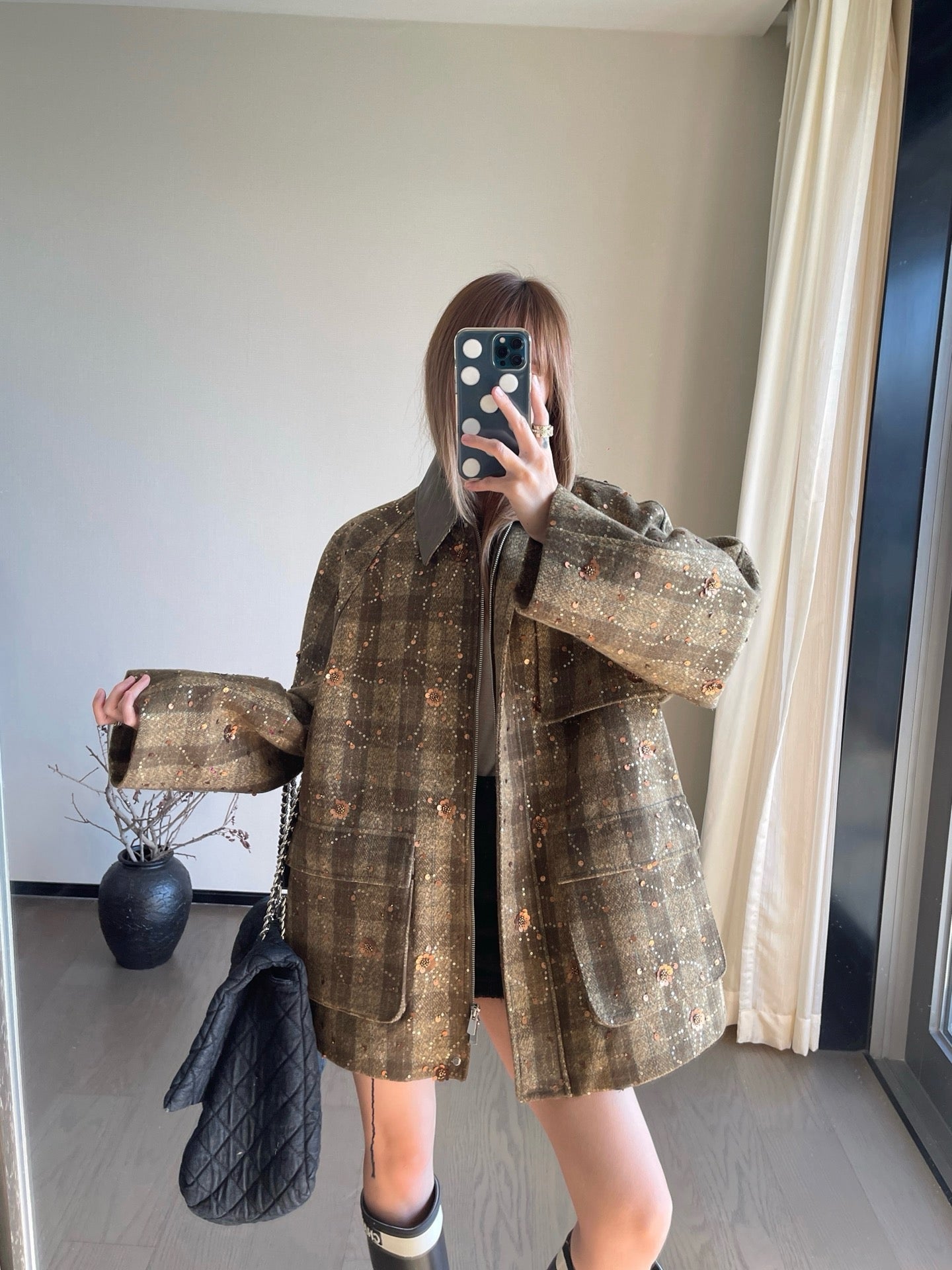 25fw new retro plaid beaded sequined jacket