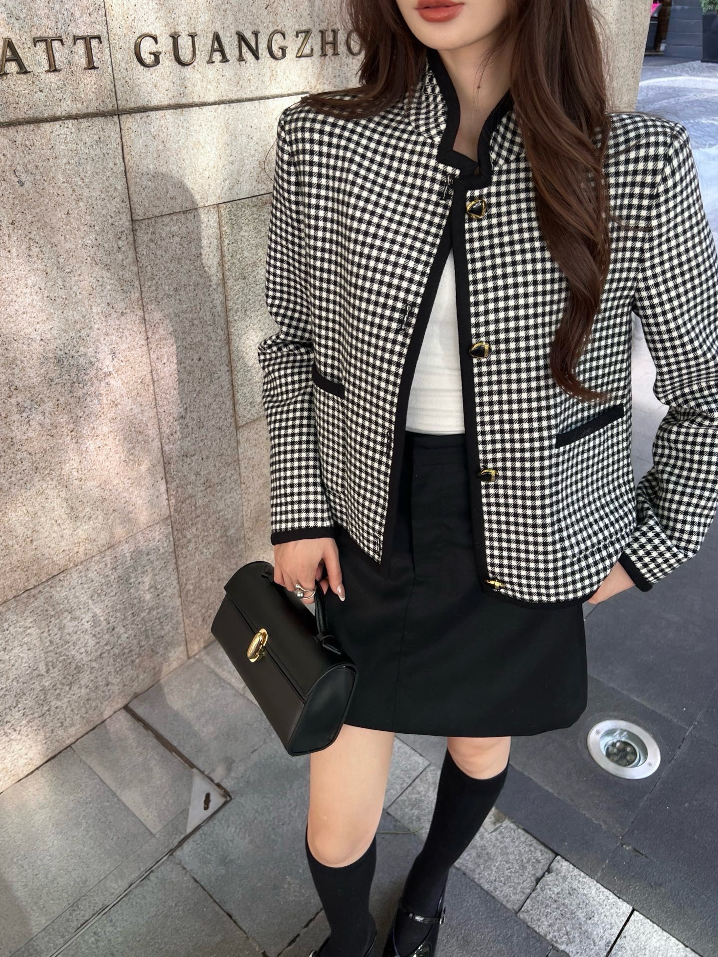 25fw new contrast color stand collar plaid jacket
