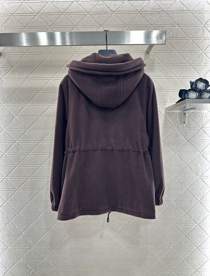 Teddy plush hooded mid length jacket