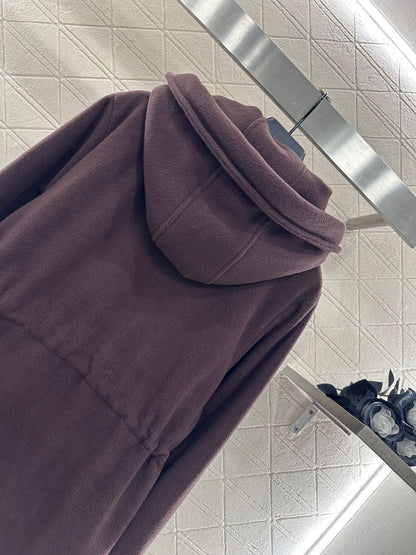 Teddy plush hooded mid length jacket