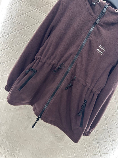 Teddy plush hooded mid length jacket