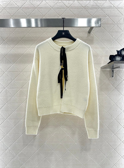 Round neck bow tie plain knit cardigan