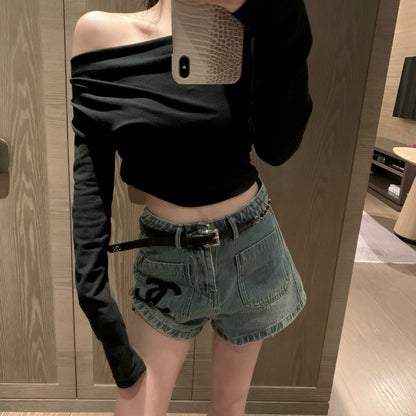 25 Summer New Double C Embroidery Pocket Denim Shorts