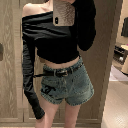 25 Summer New Double C Embroidery Pocket Denim Shorts