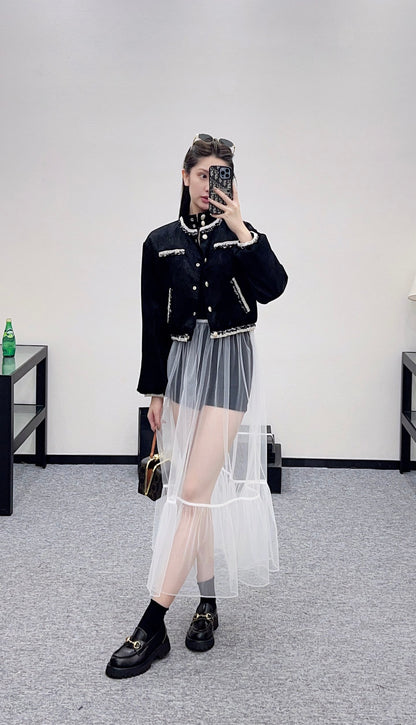 High waisted mid length transparent cake gauze skirt
