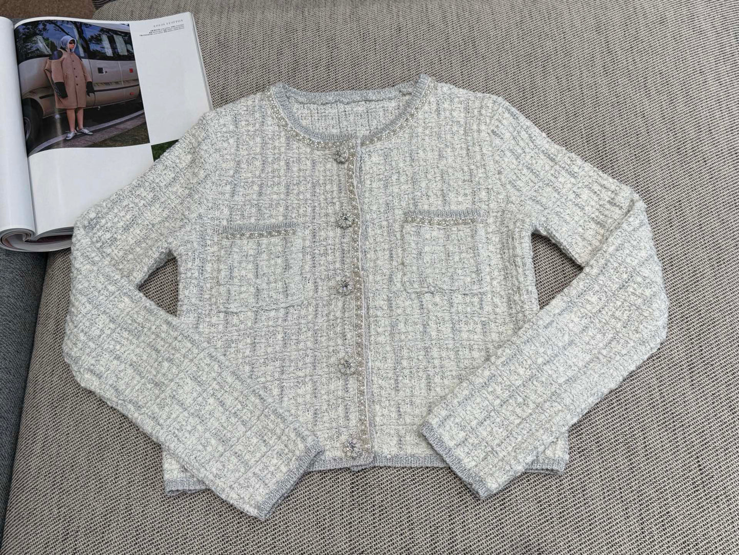 Tweed Beaded Coat Pink White Cotton Acrylic 251307