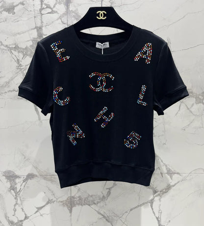Colorful Rhinestone Letter T-Shirt