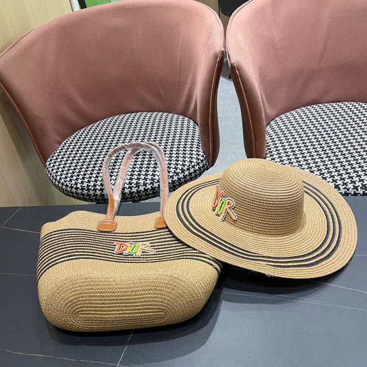 New straw hat and woven bag two-piece set