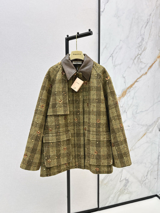 25fw new retro plaid beaded sequined jacket