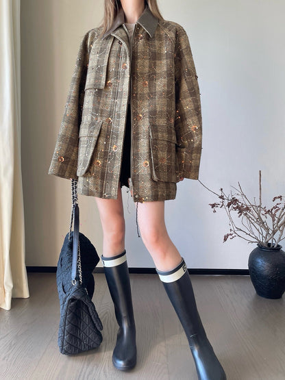 25fw new retro plaid beaded sequined jacket
