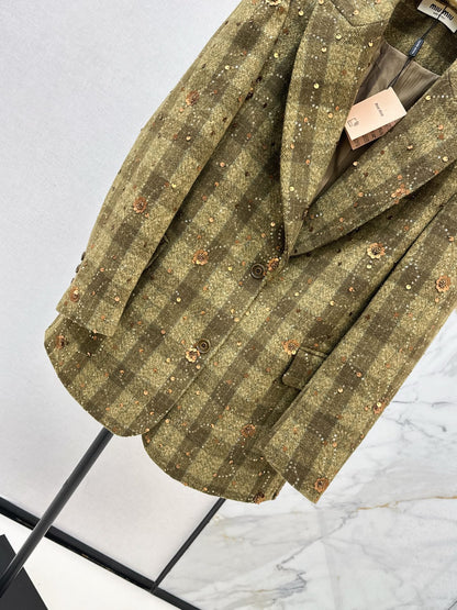 25fw new retro plaid beaded sequin lapel suit jacket