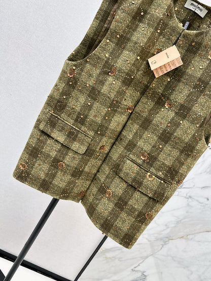 25fw new plaid beaded sequined vest jacket with skirt suit