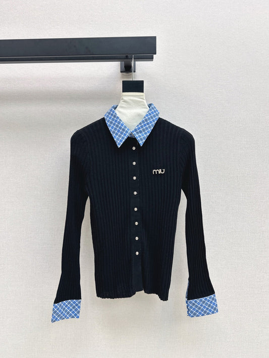 25fw new plaid fake two-piece knitted long sleeves