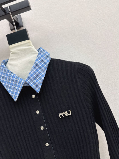25fw new plaid fake two-piece knitted long sleeves