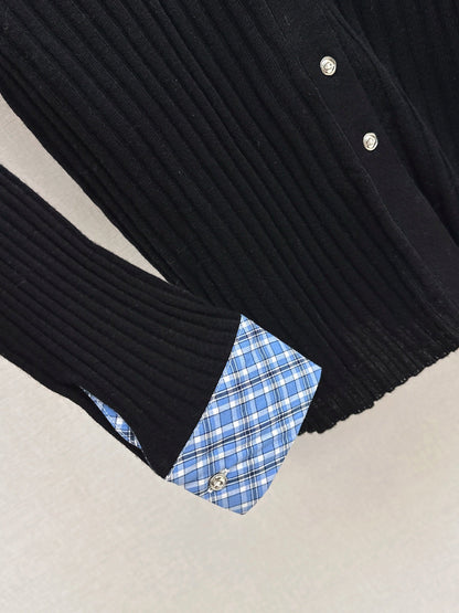 25fw new plaid fake two-piece knitted long sleeves