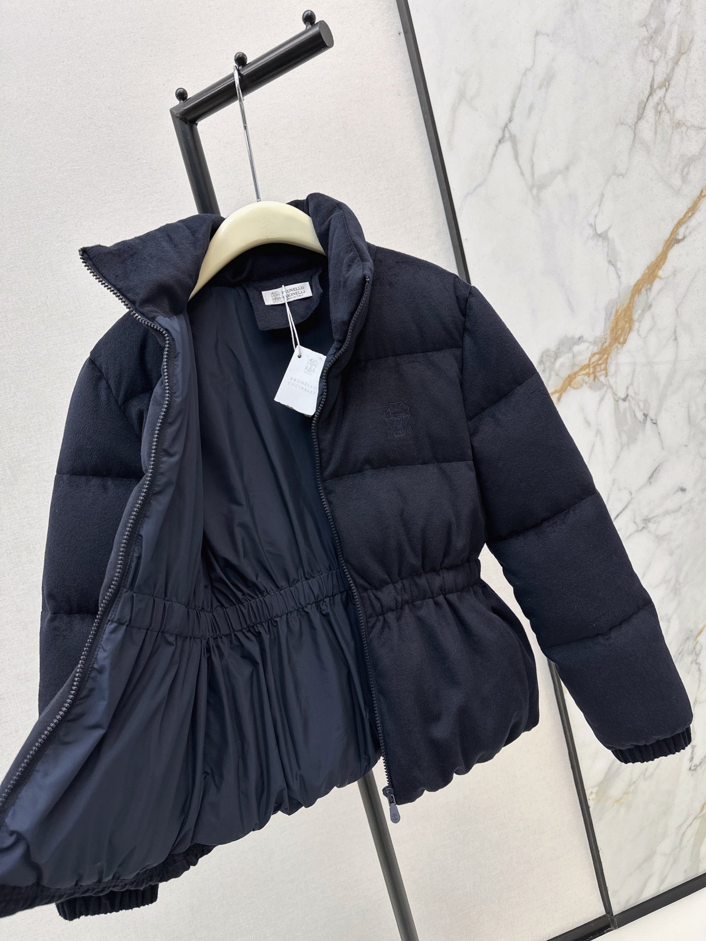 25 New drawstring waistband woolen down jacket(NAVY/BROWN)