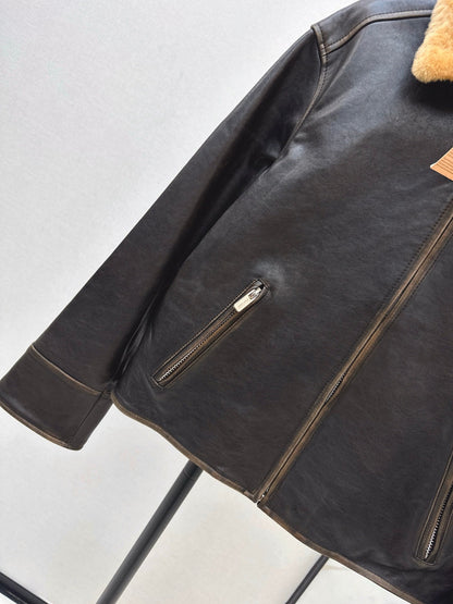 25 New fur collar motorcycle jacket sheepskin jacket(KHAKI/BLACK)