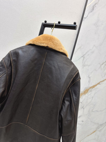 25 New fur collar motorcycle jacket sheepskin jacket(KHAKI/BLACK)