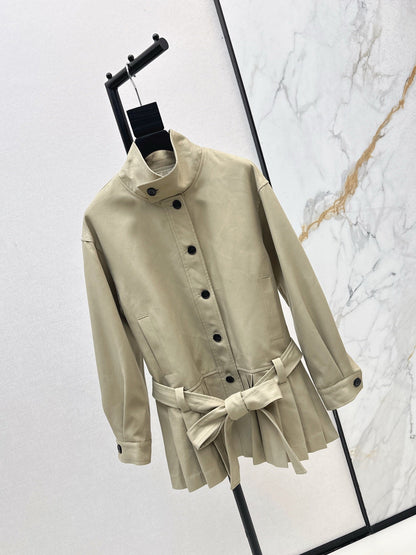 25 New wide shoulder silhouette stand up collar pleated windbreaker jacket(KHAKI/NAVY)